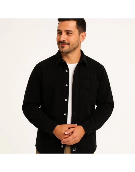 Erkek Fitilli Kadife Cepli Gömlek Oversize Rahat Kalıp - Siyah