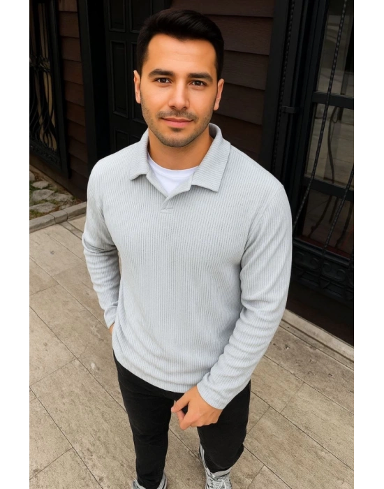 Erkek Fitilli Polar Sweatshirt – Düğmesiz Polo Yaka, Oversize Rahat Kalıp, Kalın Polar Kumaş, Kışlık Ve Baharlık Şık Günlük Üst - Gri