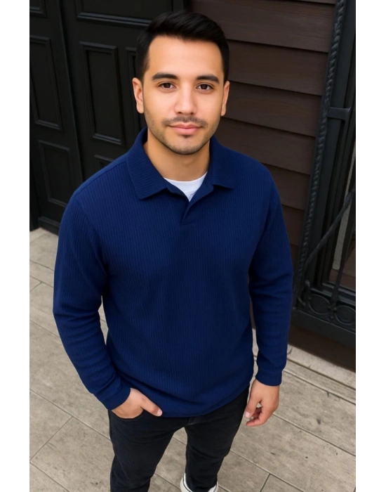 Erkek Fitilli Polar Sweatshirt – Düğmesiz Polo Yaka, Oversize Rahat Kalıp, Kalın Polar Kumaş, Kışlık Ve Baharlık Şık Günlük Üst - Lacivert