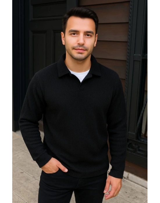 Erkek Fitilli Polar Sweatshirt – Düğmesiz Polo Yaka, Oversize Rahat Kalıp, Kalın Polar Kumaş, Kışlık Ve Baharlık Şık Günlük Üst - Siyah