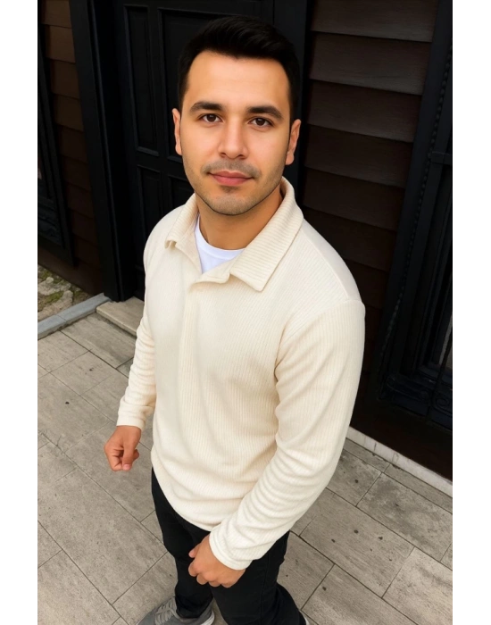 Erkek Fitilli Polar Sweatshirt – Düğmesiz Polo Yaka, Oversize Rahat Kalıp, Kalın Polar Kumaş, Kışlık Ve Baharlık Şık Günlük Üst - Beyaz