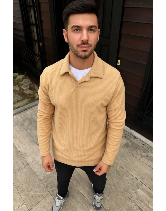 Erkek Fitilli Polar Sweatshirt – Düğmesiz Polo Yaka, Oversize Rahat Kalıp, Kalın Polar Kumaş, Kışlık Ve Baharlık Şık Günlük Üst - Bej