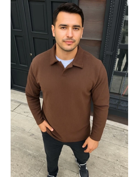 Erkek Fitilli Polar Sweatshirt – Düğmesiz Polo Yaka, Oversize Rahat Kalıp, Kalın Polar Kumaş, Kışlık Ve Baharlık Şık Günlük Üst - Kahverengi