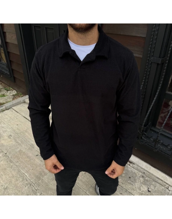 Erkek Fitilli Polar Sweatshirt – Düğmesiz Polo Yaka, Oversize Rahat Kalıp, Kalın Polar Kumaş, Kışlık Ve Baharlık Şık Günlük Üst - Siyah