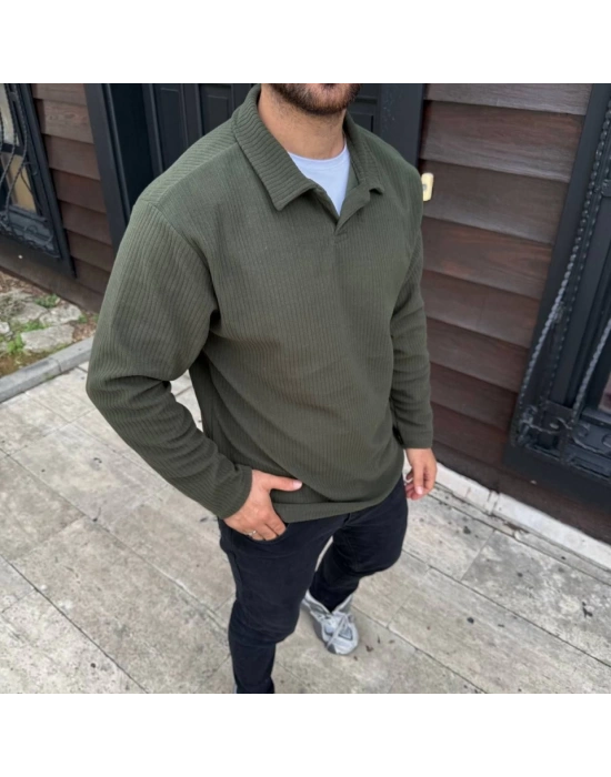 Erkek Fitilli Polar Sweatshirt – Düğmesiz Polo Yaka, Oversize Rahat Kalıp, Kalın Polar Kumaş, Kışlık Ve Baharlık Şık Günlük Üst - Haki