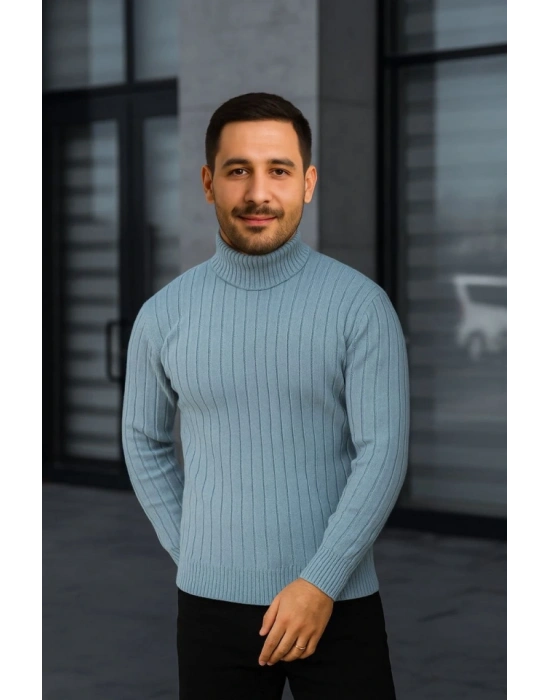 Erkek Fitilli Triko Kazak 2li Set Bebek Mavisi Siyah Regular Balıkcı Yaka Tam Boğazlı Triko Seti Modeli Kazak