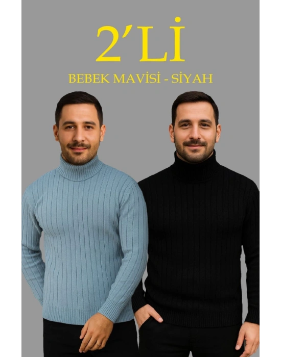 Erkek Fitilli Triko Kazak 2li Set Bebek Mavisi Siyah Regular Balıkcı Yaka Tam Boğazlı Triko Seti Modeli Kazak