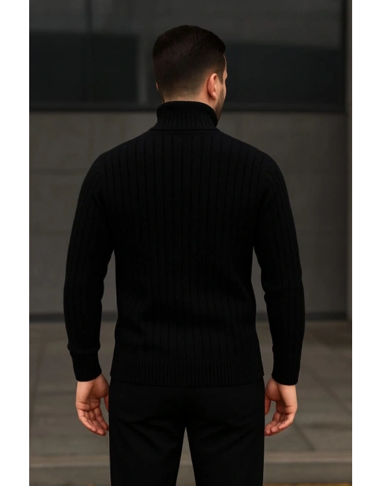 Erkek Fitilli Triko Kazak 2li Set Bej Siyah Regular Balıkcı Yaka Tam Boğazlı Triko Seti Modeli Kazak