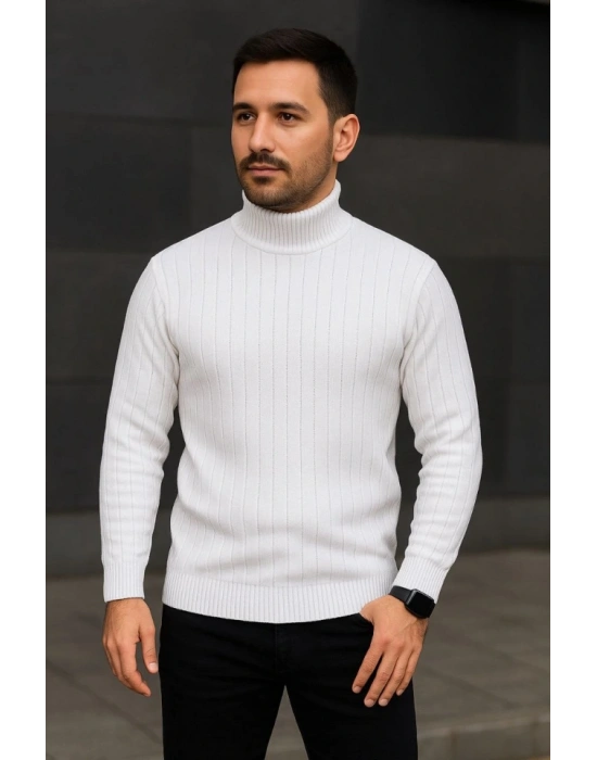 Erkek Fitilli Triko Kazak 2li Set Beyaz Siyah Regular Balıkcı Yaka Tam Boğazlı Triko Seti Modeli Kazak