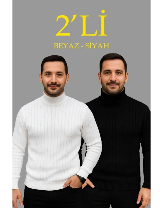 Erkek Fitilli Triko Kazak 2li Set Beyaz Siyah Regular Balıkcı Yaka Tam Boğazlı Triko Seti Modeli Kazak