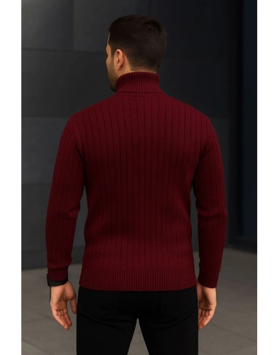 Erkek Fitilli Triko Kazak 2li Set Bordo Siyah Regular Balıkcı Yaka Tam Boğazlı Triko Seti Modeli Kazak