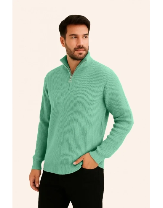 Erkek Fitilli Triko Kazak 2’li Set –  Mint Yeşili - Siyah, Kalın Dokuma Pamuklu Regular Fit V Yaka Fermuarlı Uzun Kollu Rahat Kışlık Kazak Kombini