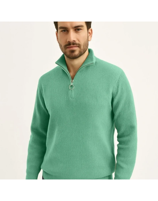 Erkek Fitilli Triko Kazak 2’li Set –  Mint Yeşili - Siyah, Kalın Dokuma Pamuklu Regular Fit V Yaka Fermuarlı Uzun Kollu Rahat Kışlık Kazak Kombini