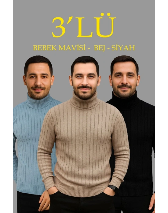 Erkek Fitilli Triko Kazak 3lÜ Set Bebek Mavisi Bej Siyah Regular Balıkcı Yaka Tam Boğazlı Triko Seti Modeli Kazak