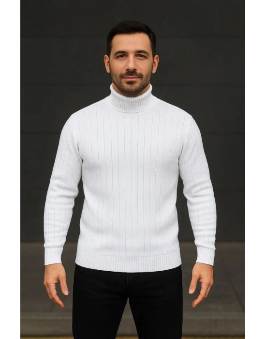 Erkek Fitilli Triko Kazak 3lÜ Set Beyaz Bordo Siyah Regular Balıkcı Yaka Tam Boğazlı Triko Seti Modeli Kazak