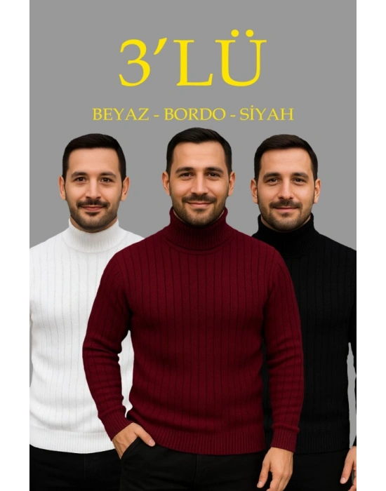 Erkek Fitilli Triko Kazak 3lÜ Set Beyaz Bordo Siyah Regular Balıkcı Yaka Tam Boğazlı Triko Seti Modeli Kazak