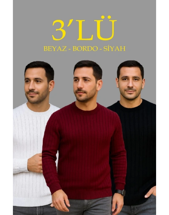Erkek Fitilli Triko Kazak 3lü Set Beyaz Bordo Siyah Regular Fit Bisiklet Yaka Triko Seti