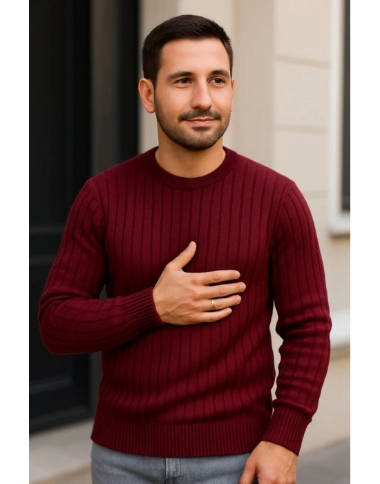 Erkek Fitilli Triko Kazak 3lü Set Beyaz Bordo Siyah Regular Fit Bisiklet Yaka Triko Seti