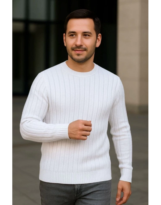 Erkek Fitilli Triko Kazak 3lü Set Beyaz Bordo Siyah Regular Fit Bisiklet Yaka Triko Seti