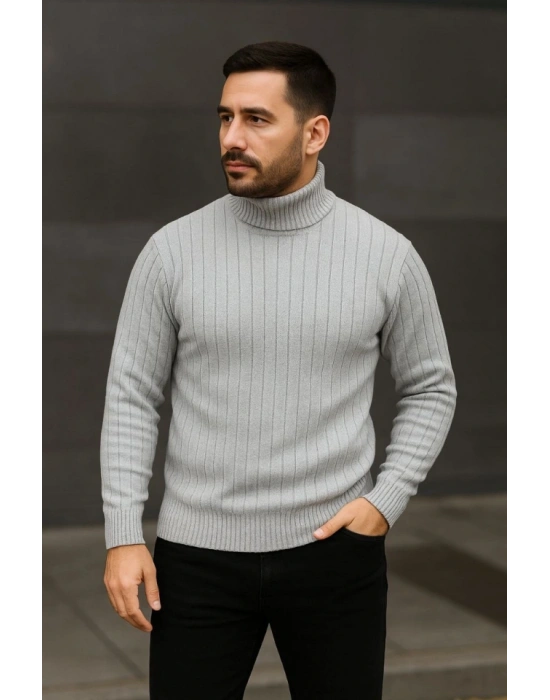 Erkek Fitilli Triko Kazak 3lÜ Set Gri Haki Siyah Regular Balıkcı Yaka Tam Boğazlı Triko Seti Modeli Kazak