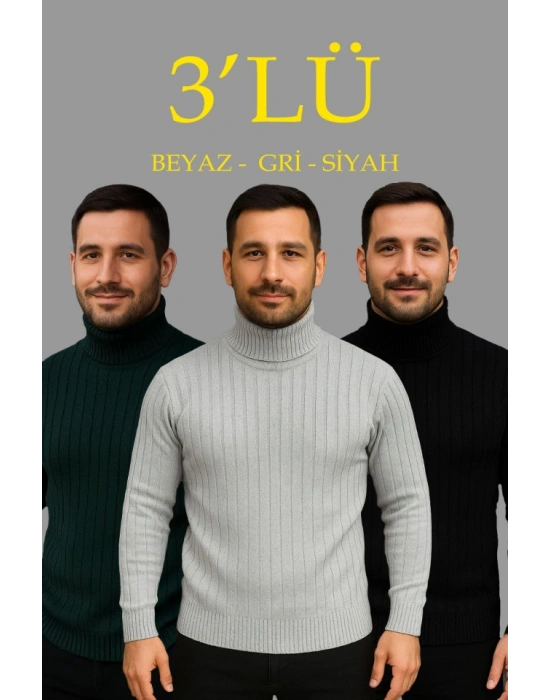 Erkek Fitilli Triko Kazak 3lÜ Set Gri Haki Siyah Regular Balıkcı Yaka Tam Boğazlı Triko Seti Modeli Kazak