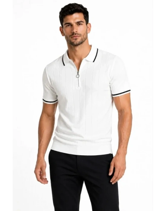 Erkek Fitilli Triko T-shirt Polo Yaka Yarım Fermuarlı Kısa Kollu Tişört - Beyaz
