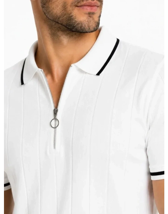 Erkek Fitilli Triko T-shirt Polo Yaka Yarım Fermuarlı Kısa Kollu Tişört - Beyaz