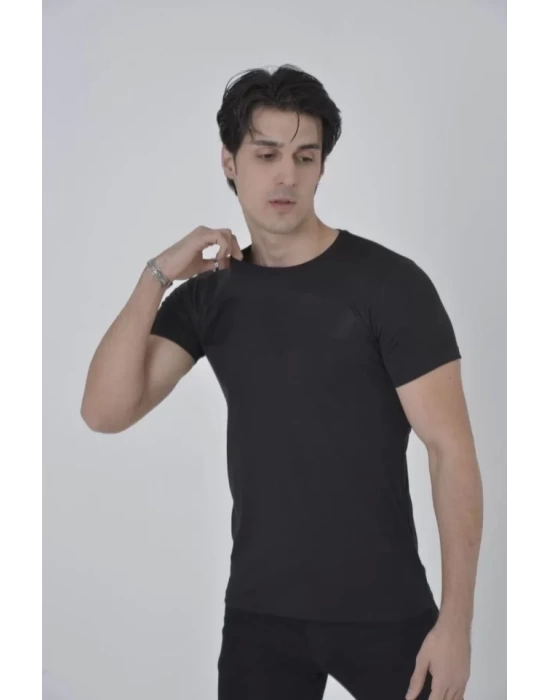 Erkek Gögüs Fileli Slim Fit T-shirt - Siyah