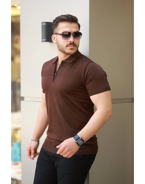 Erkek Göğüs Pirinç Desenli Fermuar Yakalı Kısa Kollu Tişört