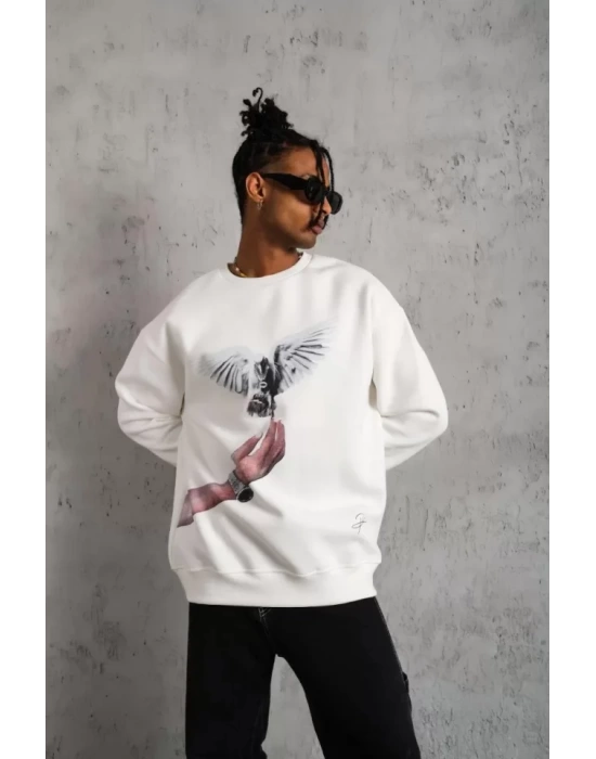 Erkek Güvercin Baskılı Sweatshirt - Beyaz
