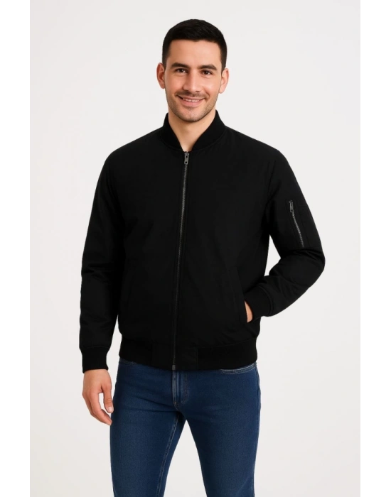 Erkek Içi Astarlı Fermuarlı Bomber Mont Ceket - Siyah
