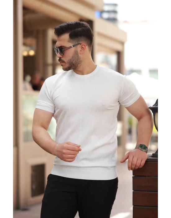 Erkek Ince çizgi Dokulu Bisiklet Yaka Kısa Kollu T-shirt