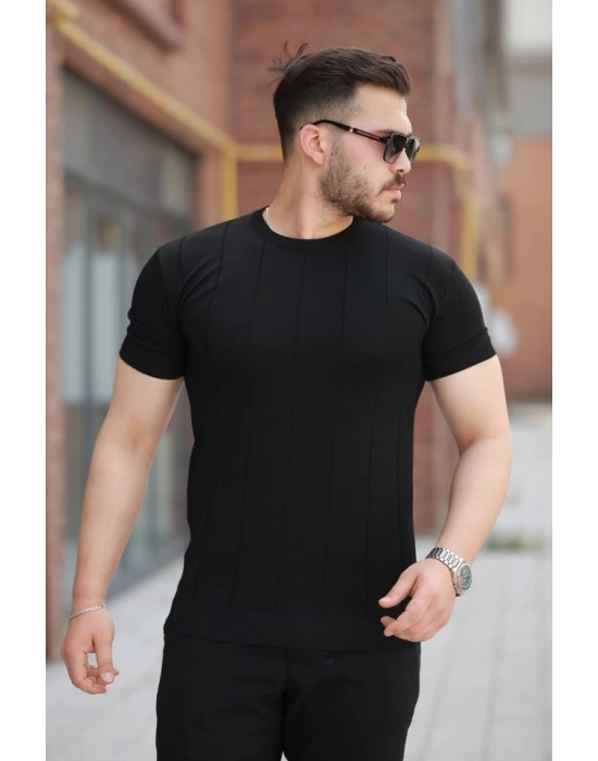 Erkek Ince çizgi Dokulu Bisiklet Yaka Kısa Kollu T-shirt