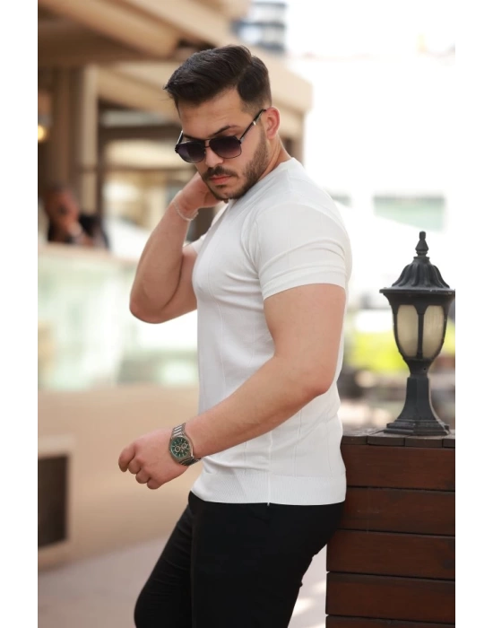 Erkek Ince çizgi Dokulu Bisiklet Yaka Kısa Kollu T-shirt