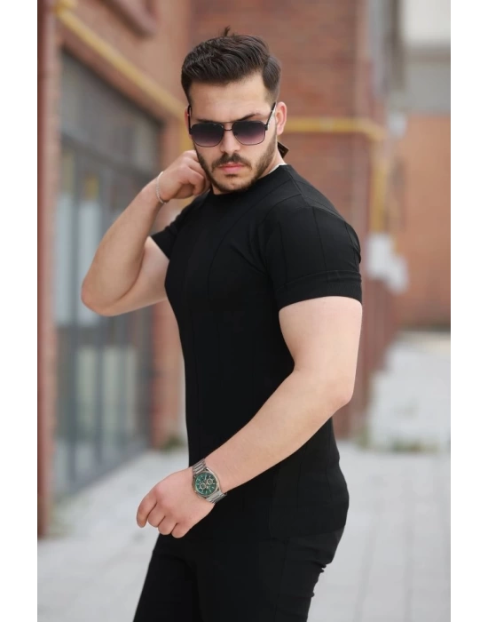 Erkek Ince çizgi Dokulu Bisiklet Yaka Kısa Kollu T-shirt