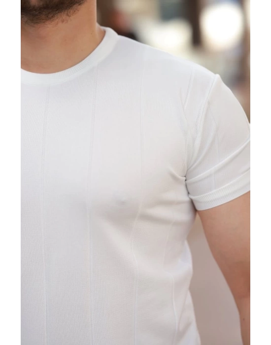 Erkek Ince çizgi Dokulu Bisiklet Yaka Kısa Kollu T-shirt