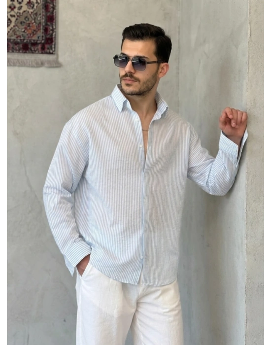 Erkek İnce Çizgili Gofre Kumaş Rahat Kalıp Gömlek