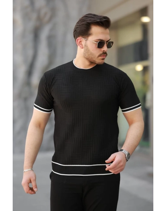 Erkek Jakarlı Ribanalı Kısa Kollu T-shirt