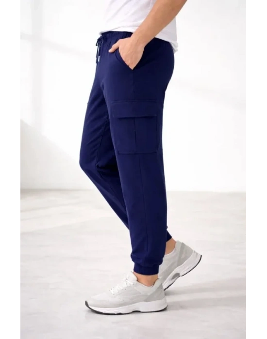 Erkek Jogger Eşofman Altı Regular Fit , Kargo Cepli, Lastikli Paça, Günlük Spor Pantolon - Lacivert