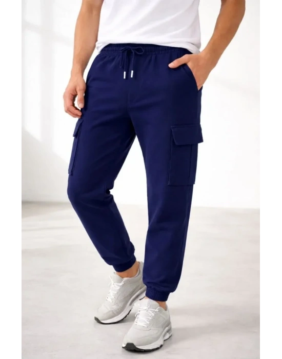 Erkek Jogger Eşofman Altı Regular Fit , Kargo Cepli, Lastikli Paça, Günlük Spor Pantolon - Lacivert