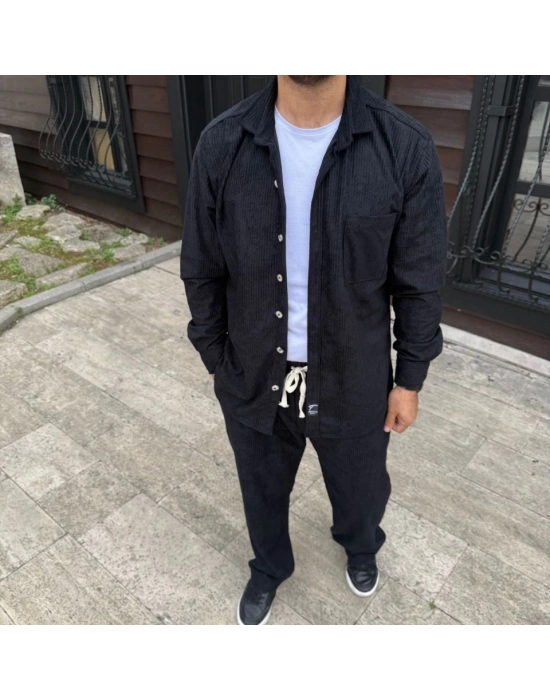 Erkek Kadife Oversize Takım – Gömlek Ve Pantolon İkili Set Füme Corduroy Şıklığı, Rahat Ve Zarif Duruş Yumuşak Dokulu Kadife Kumaş, Düğmeli Gömlek Üst Ve Lastikli Pantolon Alt Parça Ile Gün Boyu Konfor- Siyah
