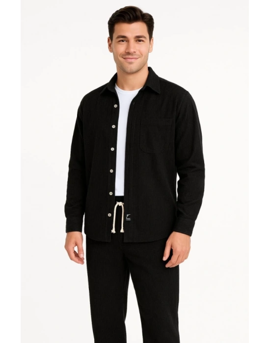 Erkek Kadife Oversize Takım – Gömlek Ve Pantolon İkili Set Füme Corduroy Şıklığı, Rahat Ve Zarif Duruş Yumuşak Dokulu Kadife Kumaş, Düğmeli Gömlek Üst Ve Lastikli Pantolon Alt Parça Ile Gün Boyu Konfor- Siyah