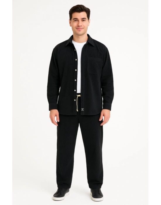 Erkek Kadife Oversize Takım – Gömlek Ve Pantolon İkili Set Füme Corduroy Şıklığı, Rahat Ve Zarif Duruş Yumuşak Dokulu Kadife Kumaş, Düğmeli Gömlek Üst Ve Lastikli Pantolon Alt Parça Ile Gün Boyu Konfor- Siyah