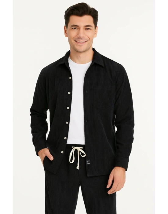 Erkek Kadife Oversize Takım – Gömlek Ve Pantolon İkili Set Füme Corduroy Şıklığı, Rahat Ve Zarif Duruş Yumuşak Dokulu Kadife Kumaş, Düğmeli Gömlek Üst Ve Lastikli Pantolon Alt Parça Ile Gün Boyu Konfor- Siyah