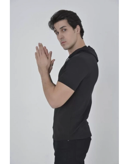 Erkek Kapşonlu Slim Fit T-shirt - Siyah