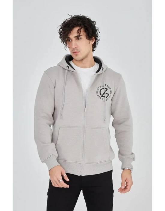 Erkek Kapüşonlu Baskılı Fermuarlı Hırka - Boyalı Gri