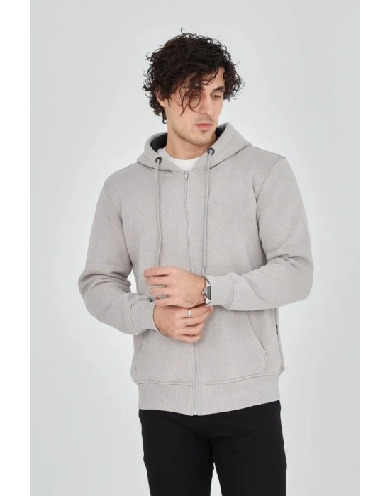 Erkek Kapüşonlu Düz Fermuarlı Hırka - Boyalı Gri