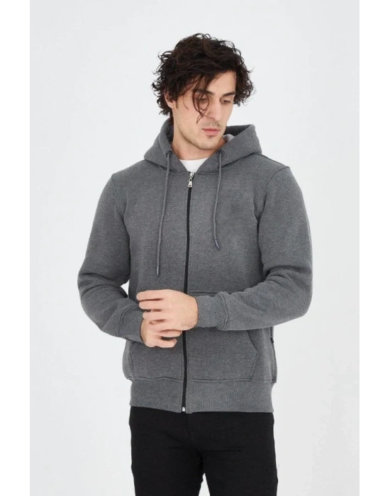 Erkek Kapüşonlu Düz Fermuarlı Hırka - Füme