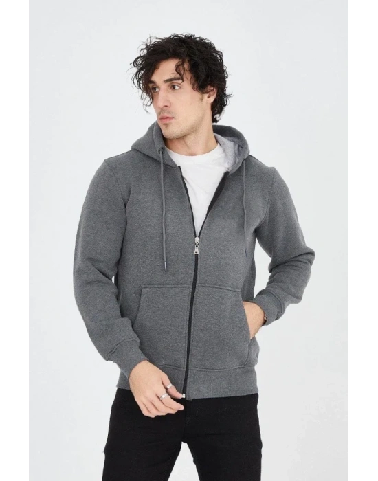 Erkek Kapüşonlu Düz Fermuarlı Hırka - Füme