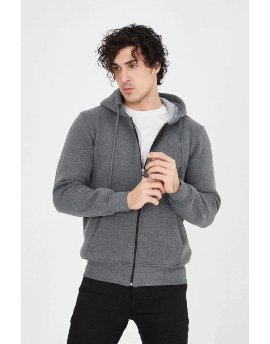 Erkek Kapüşonlu Düz Fermuarlı Hırka - Füme